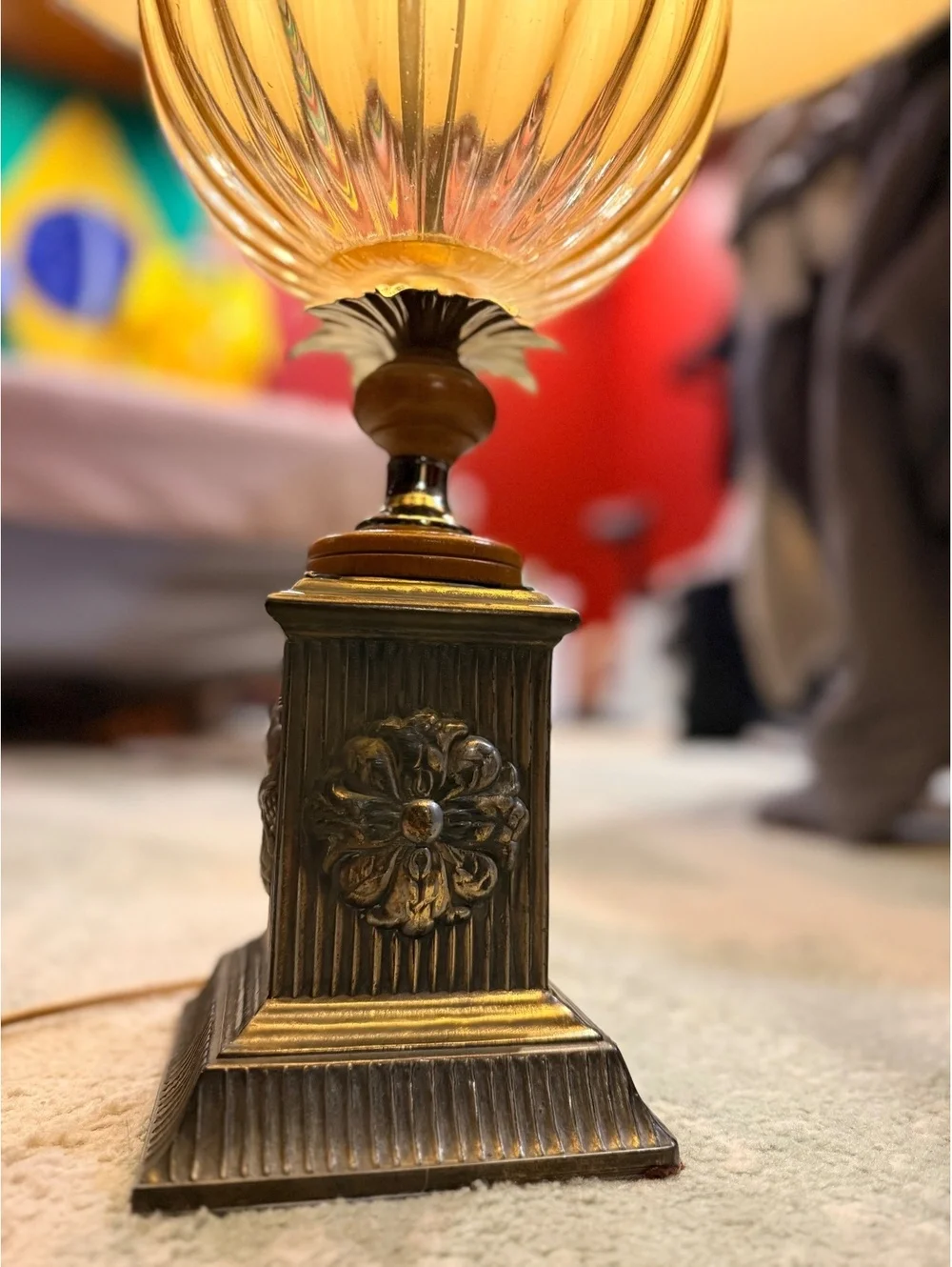Vintage Decorative Table Lamp with Ribbed Glass Globe and Ornate Base
